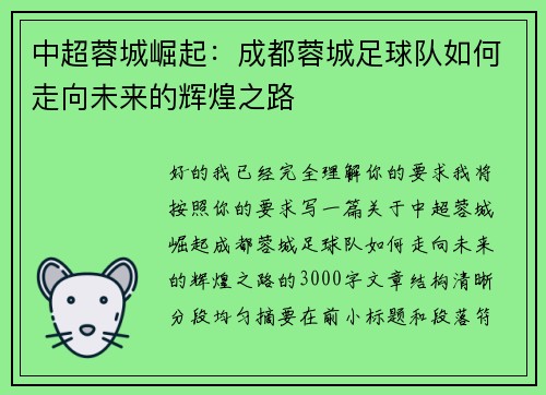 中超蓉城崛起：成都蓉城足球队如何走向未来的辉煌之路