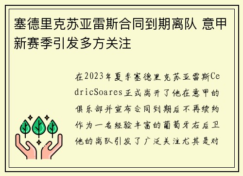 塞德里克苏亚雷斯合同到期离队 意甲新赛季引发多方关注 塞德里克苏亚雷斯合同到期离队 意甲新赛季引发多方关注
