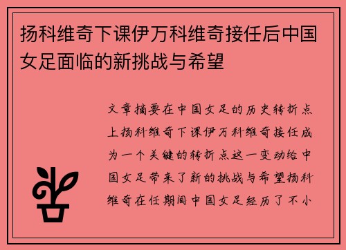 扬科维奇下课伊万科维奇接任后中国女足面临的新挑战与希望