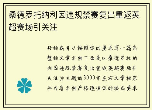 桑德罗托纳利因违规禁赛复出重返英超赛场引关注